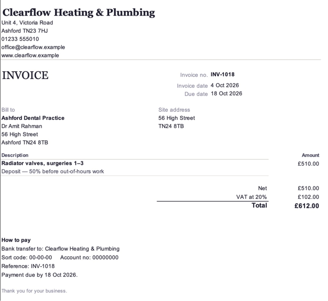 Printed customer invoice with bank details and balance due