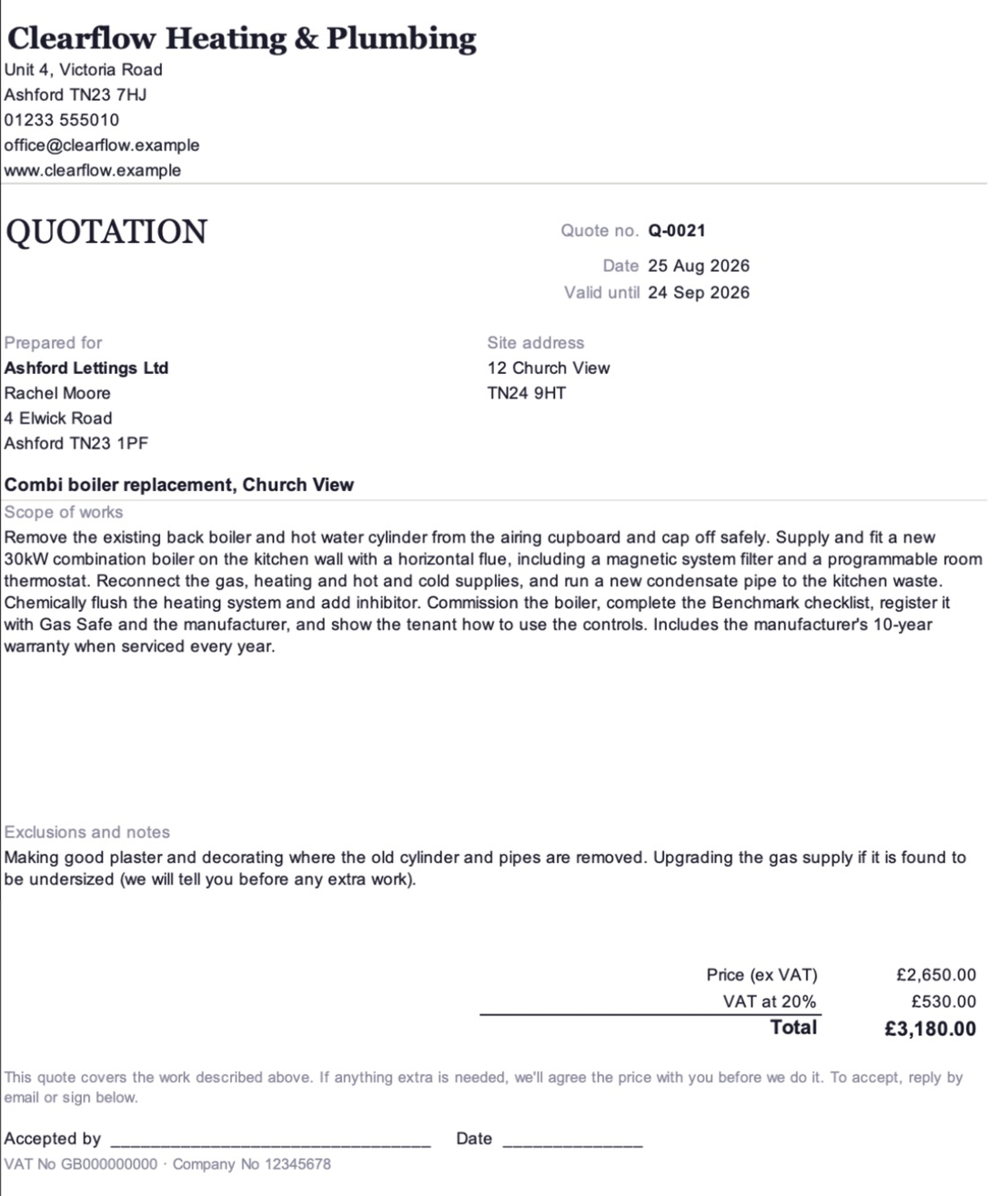 Printed customer quote with scope of works, price and VAT